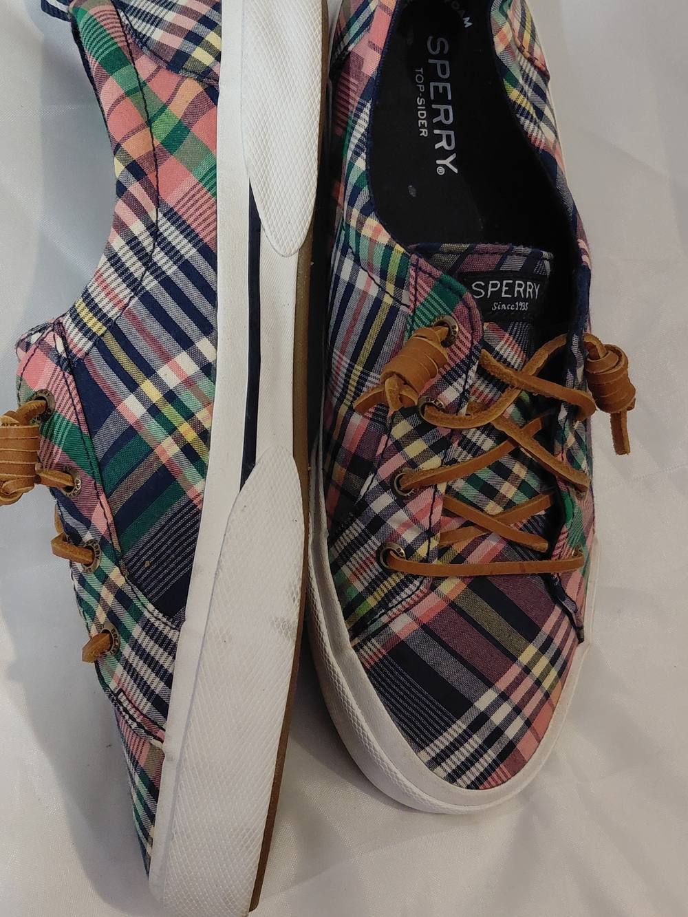 Sperry Plaid Lace-Up Sneakers in Pink, Navy & Green - Picture 6 of 11